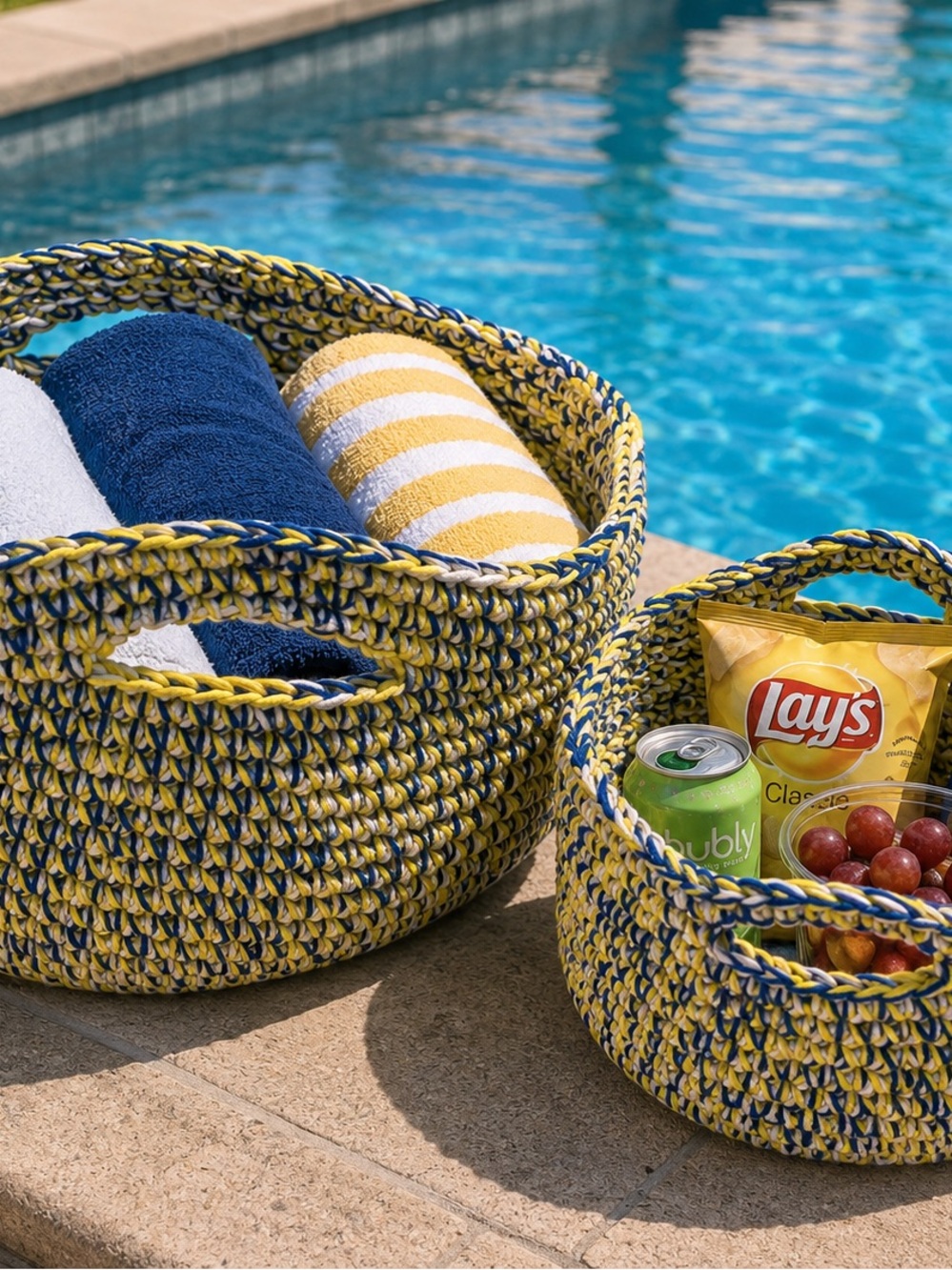 Crochet Blue, White & Yellow Storage Basket Set Handmade